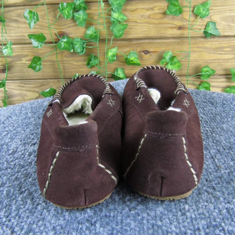 Lands' End Boys 7 Brown Suede Moccasin‎ Slippers Faux Fur Lined Indoor Outdoor